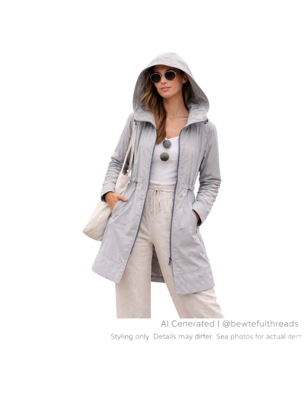 Coastal Minimalist Longline Hooded Jacket Sz 6 Light Gray Cinch Waist